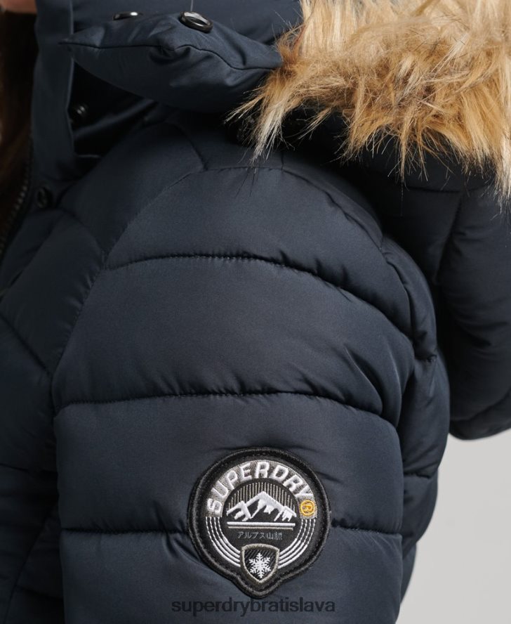 Superdry ženy krátka puffer bunda s kapucňou z umelej kožušiny 6B4ZTR3640 oblečenie námorníctvo