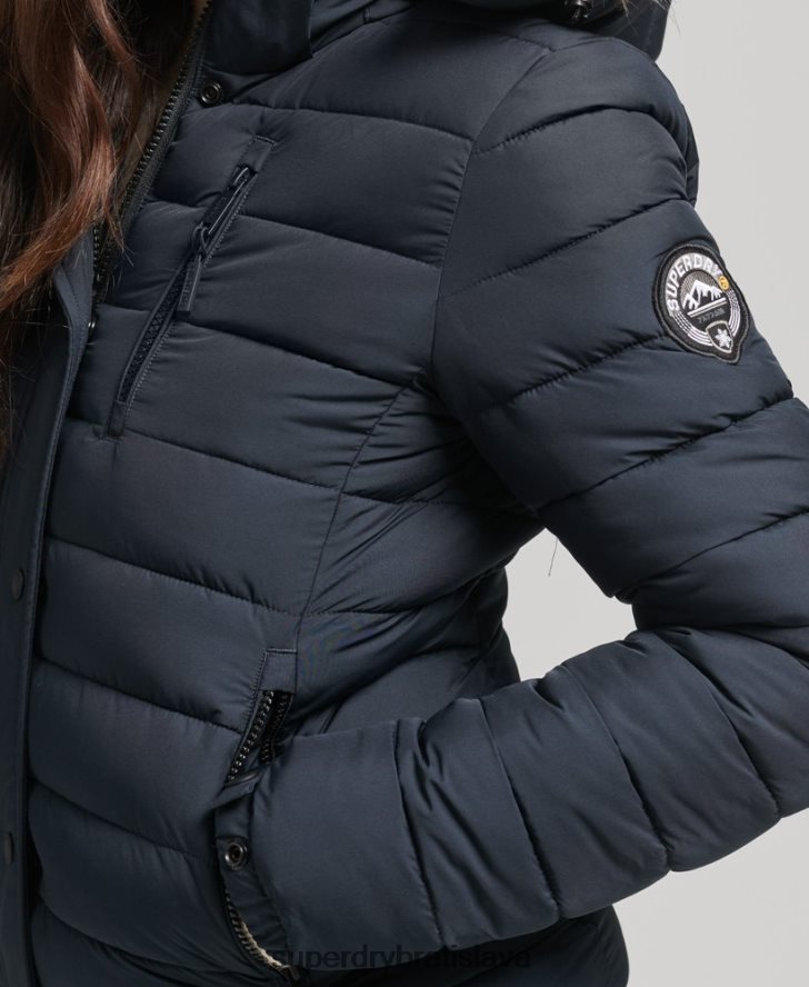 Superdry ženy krátka puffer bunda s kapucňou z umelej kožušiny 6B4ZTR3640 oblečenie námorníctvo