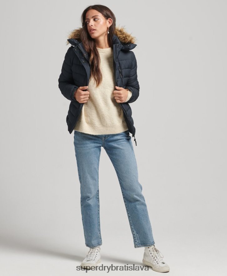 Superdry ženy krátka puffer bunda s kapucňou z umelej kožušiny 6B4ZTR3640 oblečenie námorníctvo