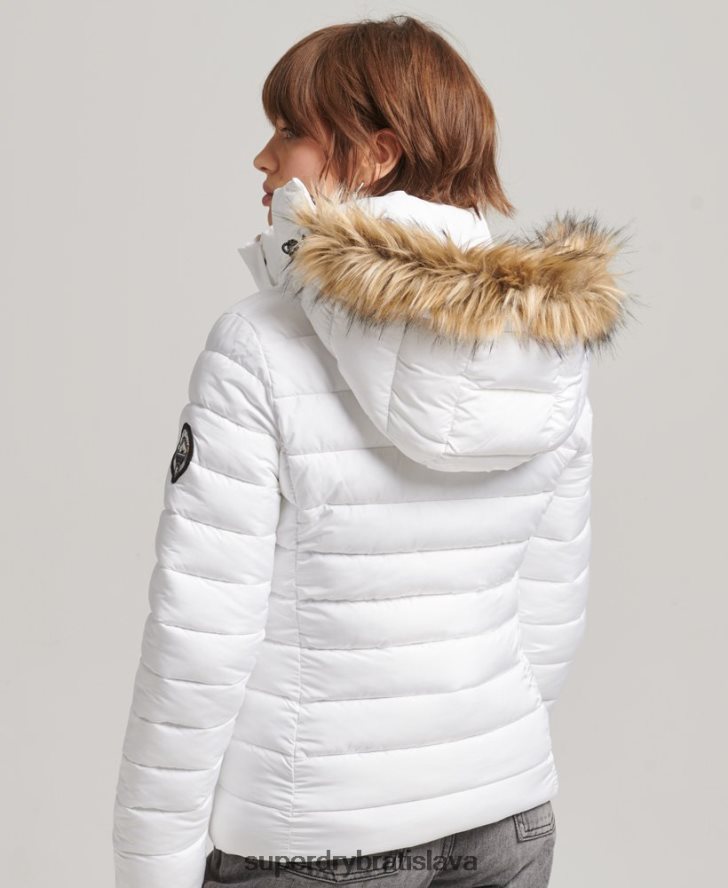 Superdry ženy krátka puffer bunda s kapucňou z umelej kožušiny 6B4ZTR3669 oblečenie biely