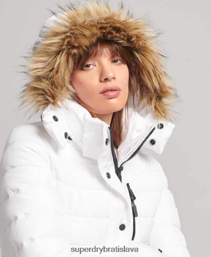 Superdry ženy krátka puffer bunda s kapucňou z umelej kožušiny 6B4ZTR3669 oblečenie biely