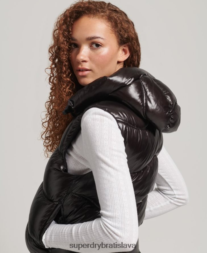 Superdry ženy lesk prikrývka skrátená vatovaná vesta 6B4ZTR5476 oblečenie čierna