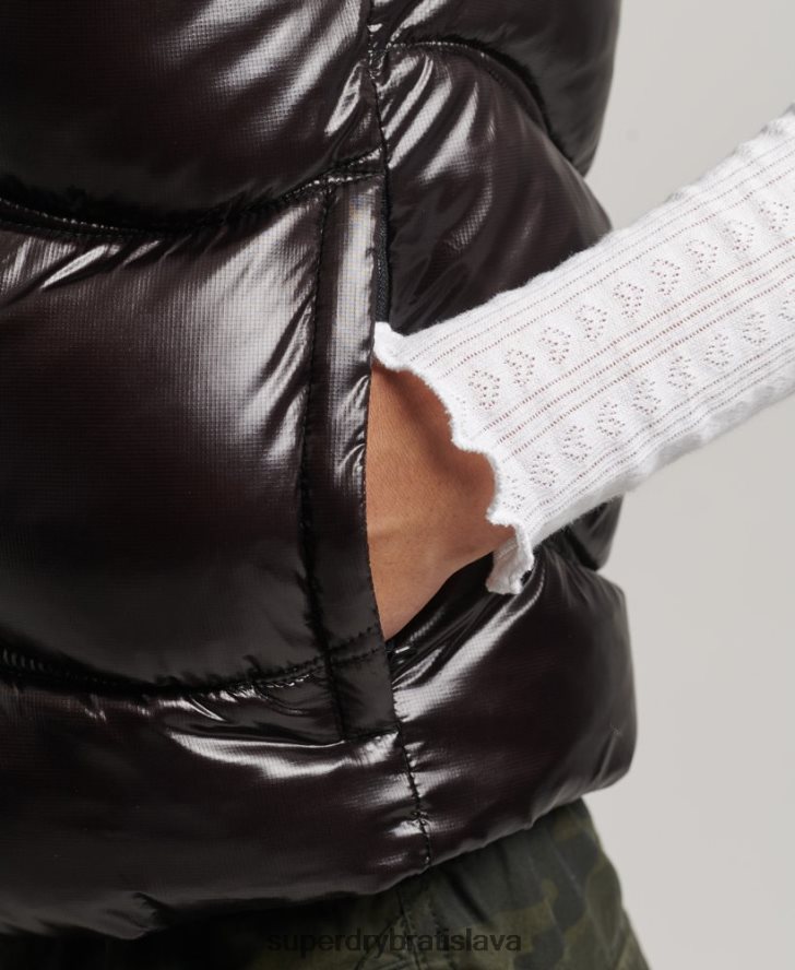 Superdry ženy lesk prikrývka skrátená vatovaná vesta 6B4ZTR5476 oblečenie čierna