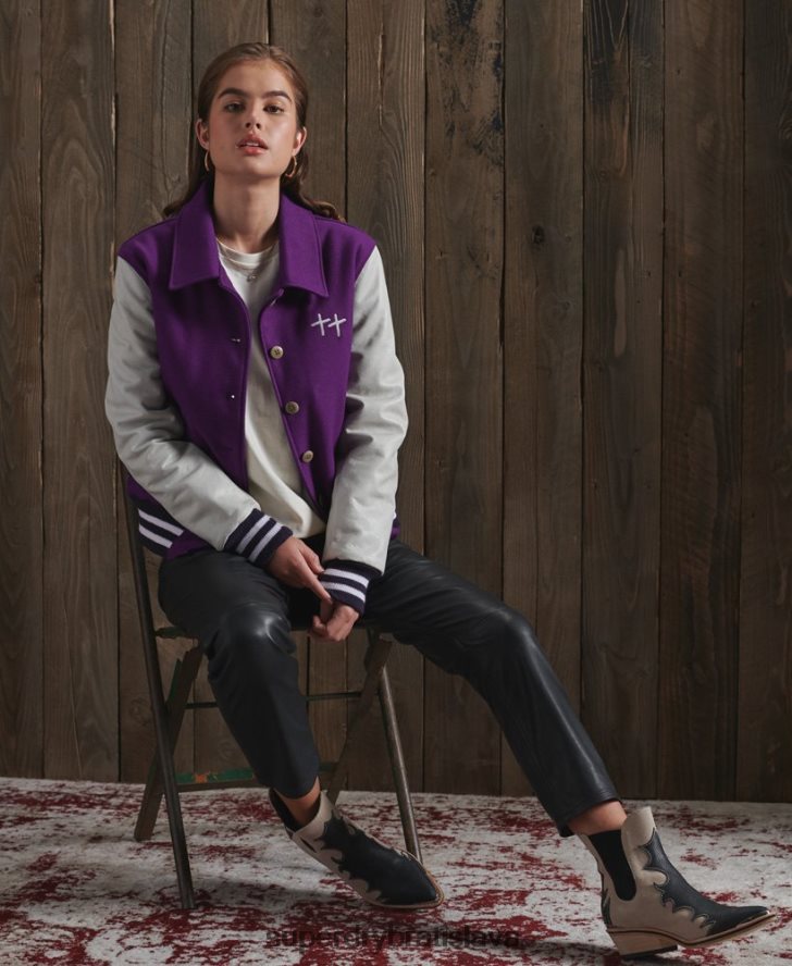 Superdry ženy limitovaná edícia suchej koženej univerzitnej bundy 6B4ZTR5664 oblečenie Fialová