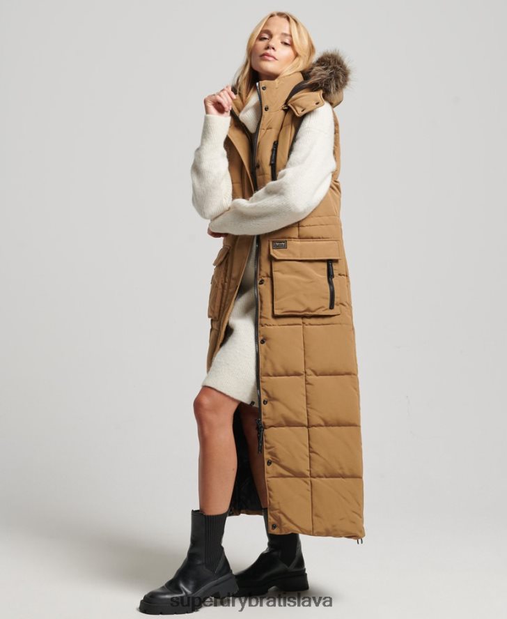Superdry ženy puffer vesta s kapucňou z umelej kožušiny 6B4ZTR3572 oblečenie hnedá