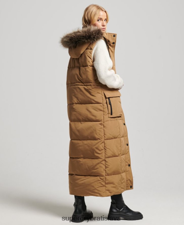 Superdry ženy puffer vesta s kapucňou z umelej kožušiny 6B4ZTR3572 oblečenie hnedá