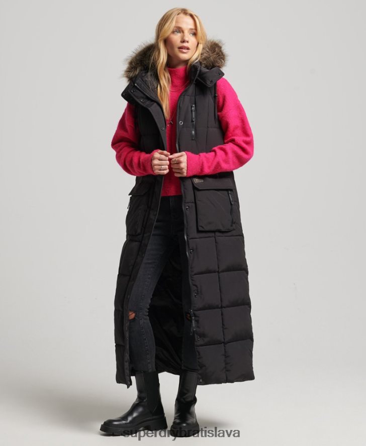 Superdry ženy puffer vesta s kapucňou z umelej kožušiny 6B4ZTR3596 oblečenie čierna