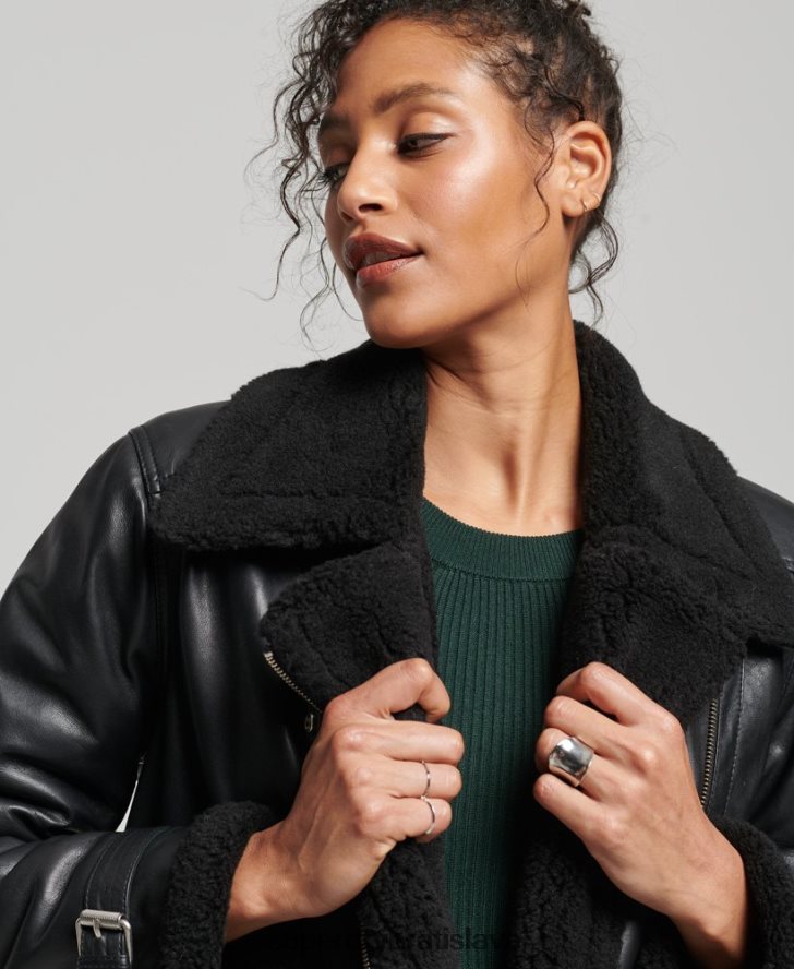 Superdry ženy studios kožená letecká bunda 6B4ZTR3569 oblečenie čierna