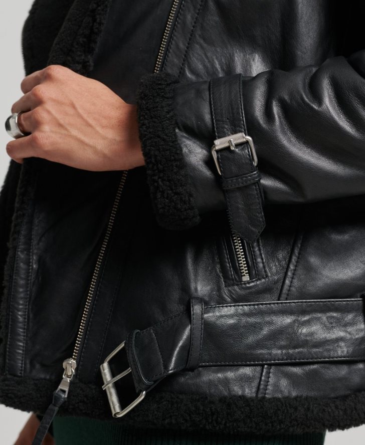 Superdry ženy studios kožená letecká bunda 6B4ZTR3569 oblečenie čierna
