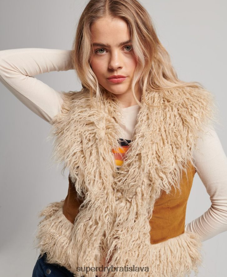 Superdry ženy umelá kožušina lemovaná afganskou skrátenou vestou 6B4ZTR3553 oblečenie hnedá