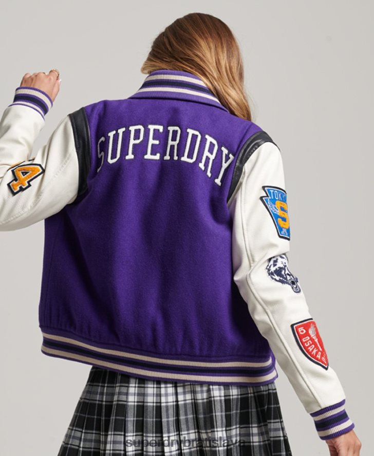 Superdry ženy univerzitná vlnená pu bomber bunda 6B4ZTR5421 oblečenie Fialová