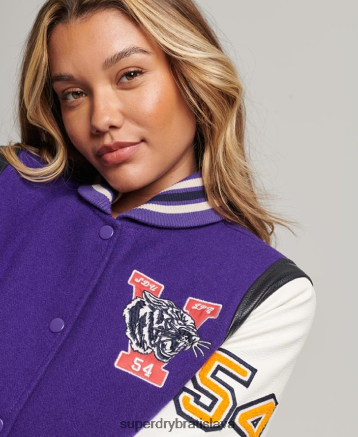 Superdry ženy univerzitná vlnená pu bomber bunda 6B4ZTR5421 oblečenie Fialová