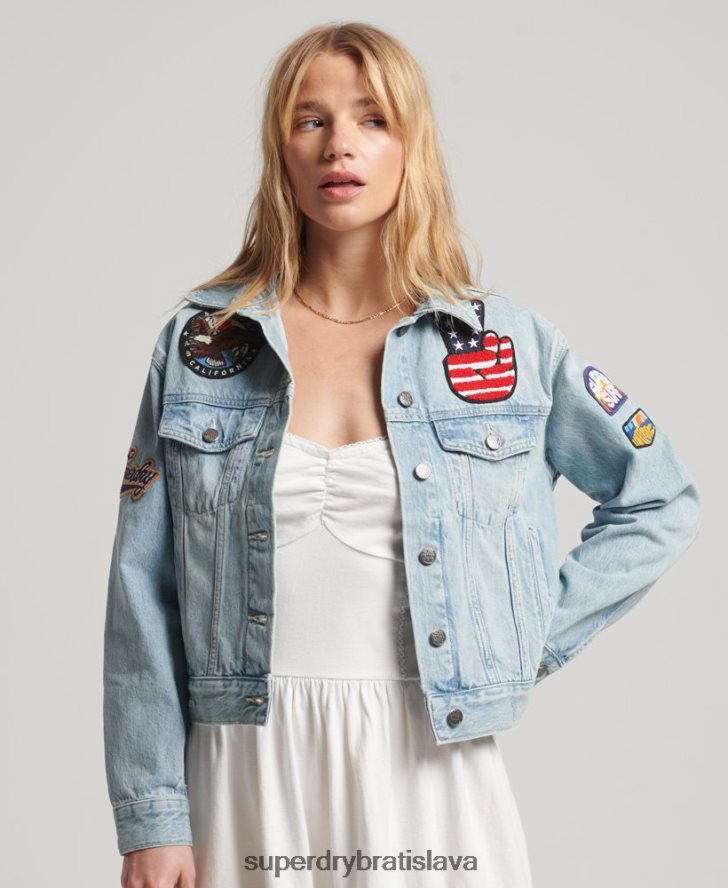 Superdry ženy vintage záplatovaná bunda trucker 6B4ZTR2019 oblečenie svetlo modrá