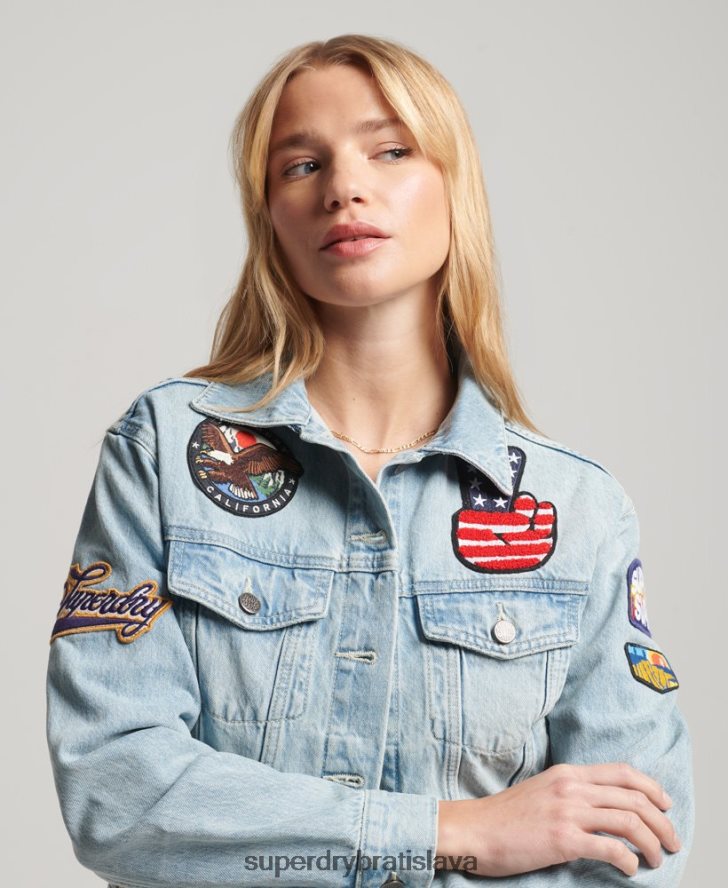 Superdry ženy vintage záplatovaná bunda trucker 6B4ZTR2019 oblečenie svetlo modrá