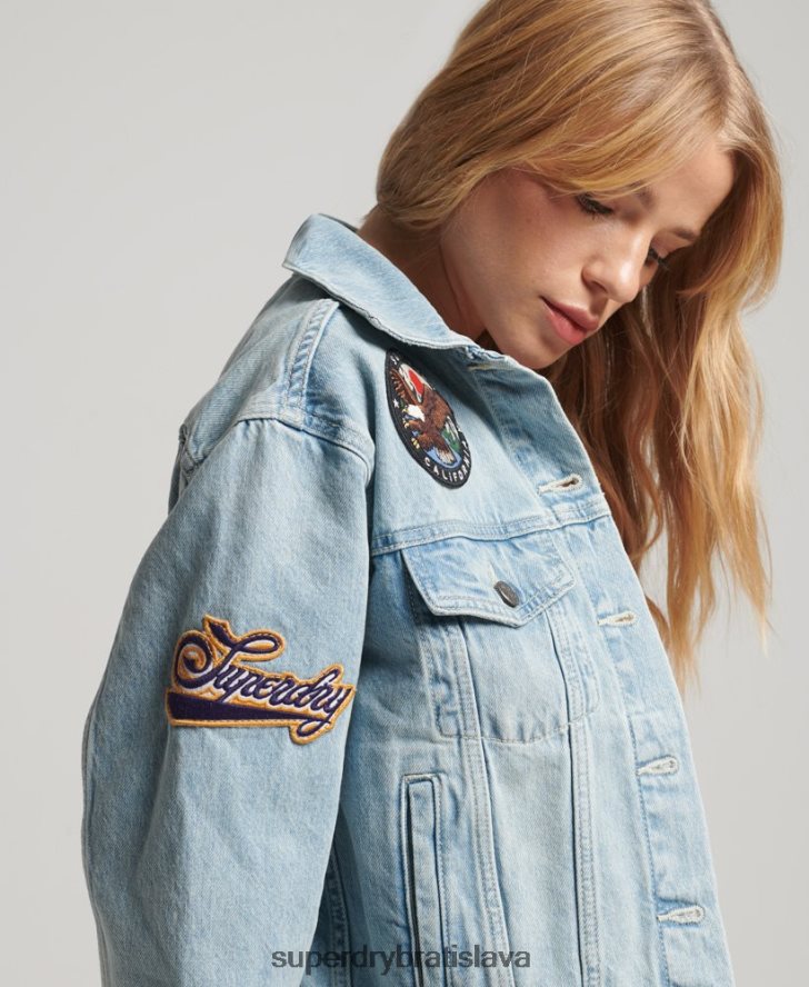 Superdry ženy vintage záplatovaná bunda trucker 6B4ZTR2019 oblečenie svetlo modrá