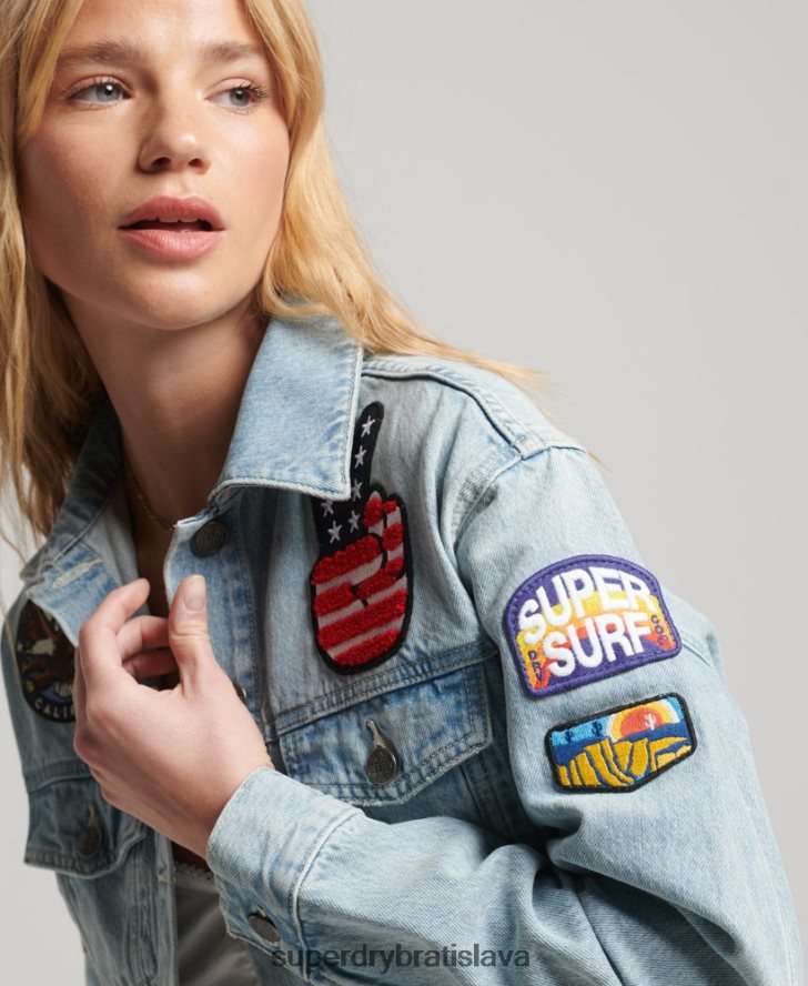 Superdry ženy vintage záplatovaná bunda trucker 6B4ZTR2019 oblečenie svetlo modrá
