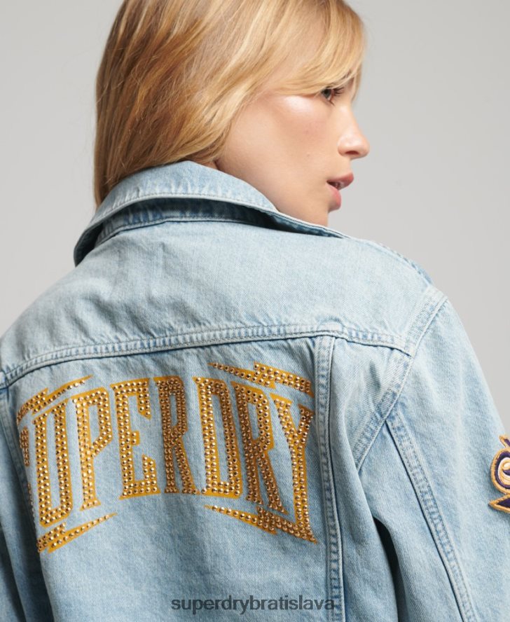 Superdry ženy vintage záplatovaná bunda trucker 6B4ZTR2019 oblečenie svetlo modrá
