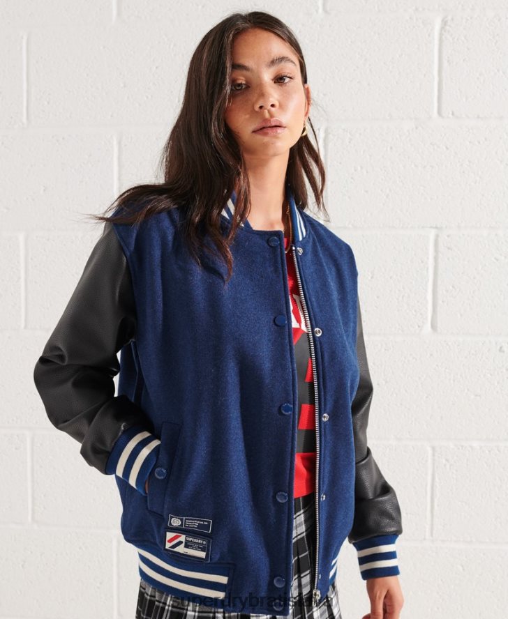 Superdry ženy vlnená univerzitná baseballová bunda 6B4ZTR5478 oblečenie Modrá