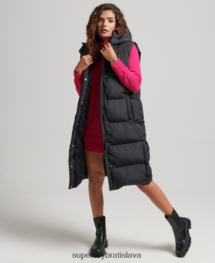 Superdry ženy vystužená vesta s kapucňou s dlhou šnúrou 6B4ZTR3720 oblečenie čierna