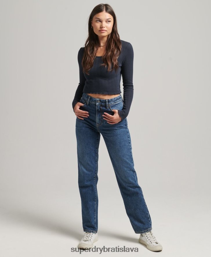 Superdry ženy vysoké rovné džínsy z organickej bavlny 6B4ZTR3892 oblečenie tmavomodrá