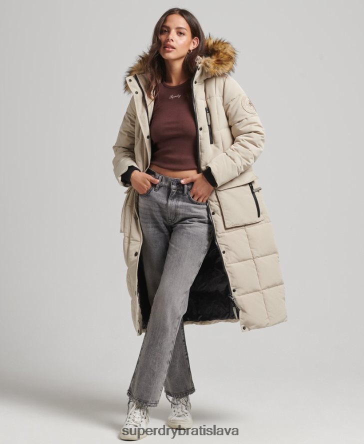 Superdry ženy Everestový kabát z umelej kožušiny s dlhou šnúrou 6B4ZTR3601 oblečenie krém