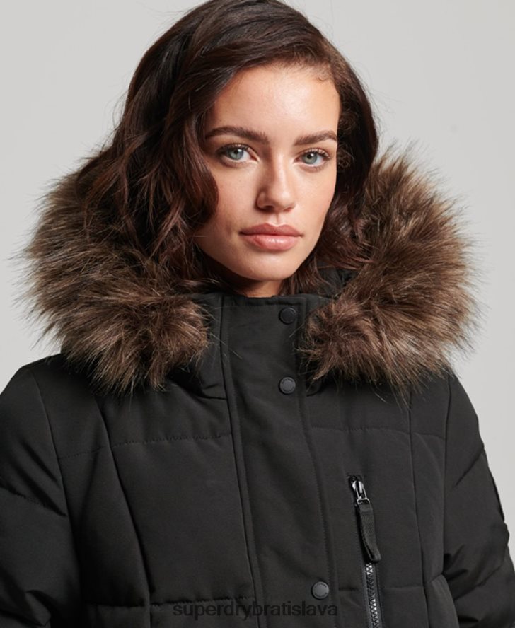 Superdry ženy Everestový kabát z umelej kožušiny s dlhou šnúrou 6B4ZTR3623 oblečenie čierna