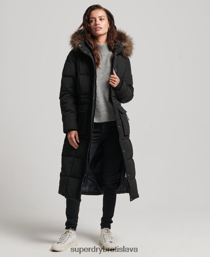 Superdry ženy Everestový kabát z umelej kožušiny s dlhou šnúrou 6B4ZTR3623 oblečenie čierna