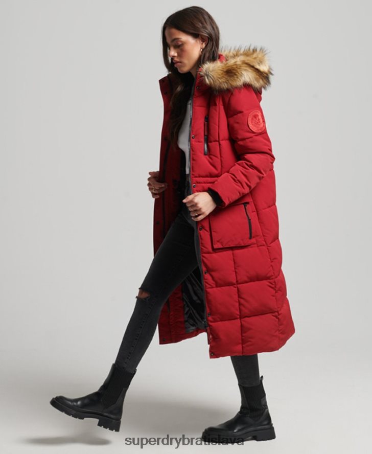 Superdry ženy Everestový kabát z umelej kožušiny s dlhou šnúrou 6B4ZTR3682 oblečenie červená