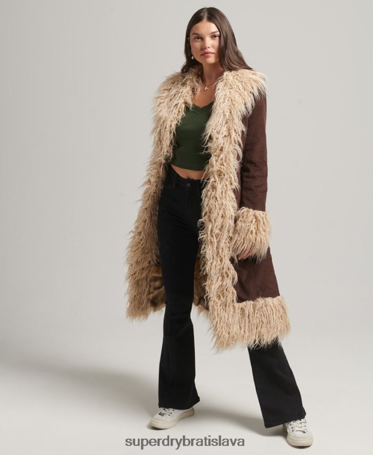 Superdry ženy afganský kabát s dlhou šnúrou podšitý umelou kožušinou 6B4ZTR3813 oblečenie hnedá