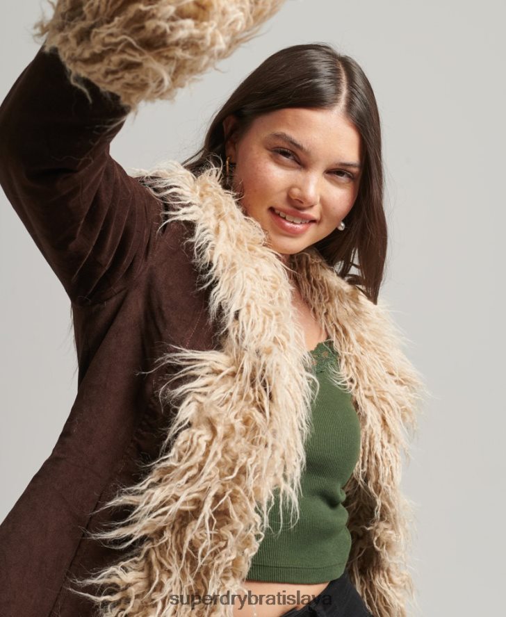 Superdry ženy afganský kabát s dlhou šnúrou podšitý umelou kožušinou 6B4ZTR3813 oblečenie hnedá