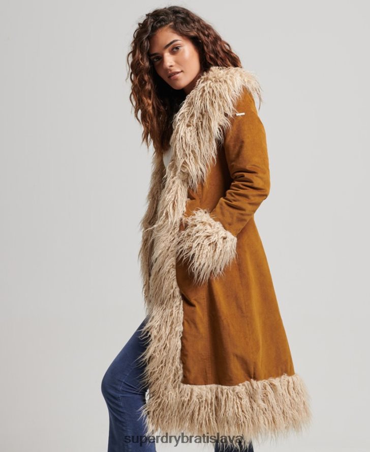 Superdry ženy afganský kabát s dlhou šnúrou podšitý umelou kožušinou 6B4ZTR3835 oblečenie hnedá