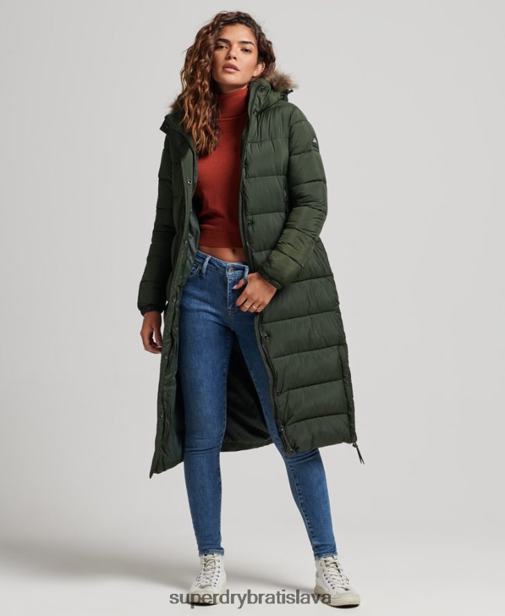 Superdry ženy dlhý kabát s kapucňou z umelej kožušiny 6B4ZTR3626 oblečenie zelená