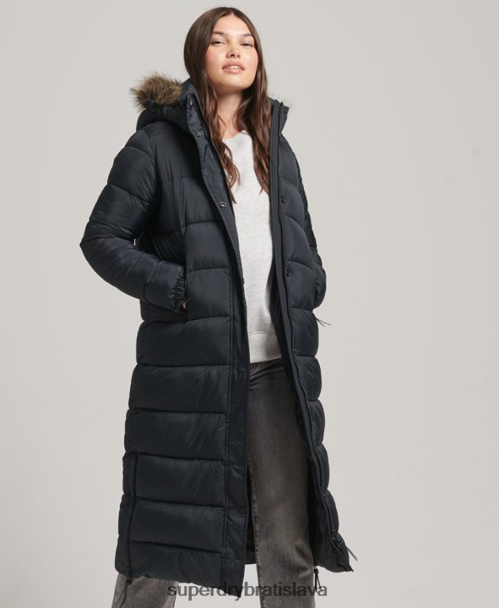 Superdry ženy dlhý kabát s kapucňou z umelej kožušiny 6B4ZTR3660 oblečenie tmavošedý
