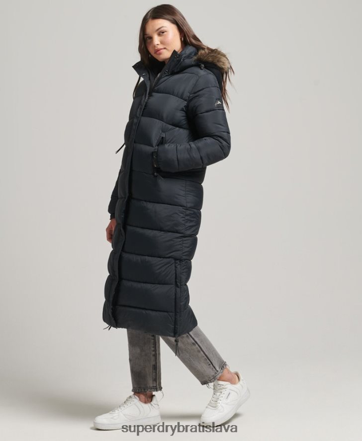 Superdry ženy dlhý kabát s kapucňou z umelej kožušiny 6B4ZTR3660 oblečenie tmavošedý