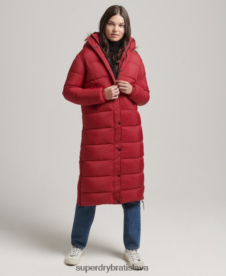 Superdry ženy dlhý kabát s kapucňou z umelej kožušiny 6B4ZTR3661 oblečenie červená