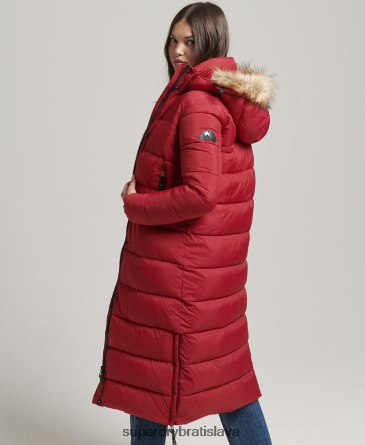 Superdry ženy dlhý kabát s kapucňou z umelej kožušiny 6B4ZTR3661 oblečenie červená
