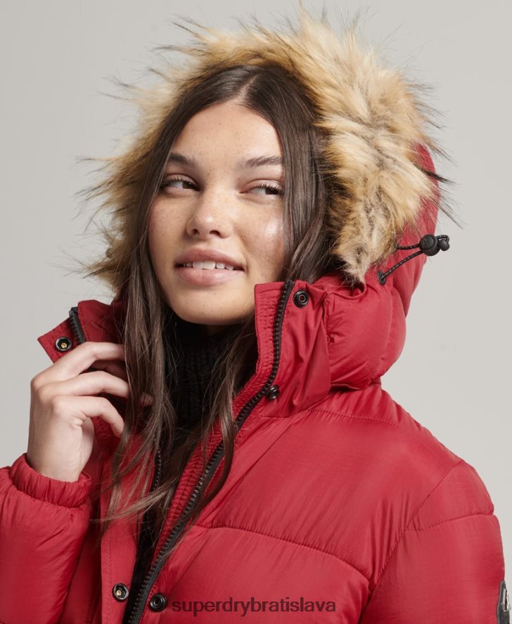 Superdry ženy dlhý kabát s kapucňou z umelej kožušiny 6B4ZTR3661 oblečenie červená