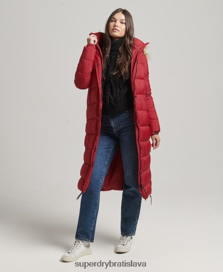 Superdry ženy dlhý kabát s kapucňou z umelej kožušiny 6B4ZTR3661 oblečenie červená