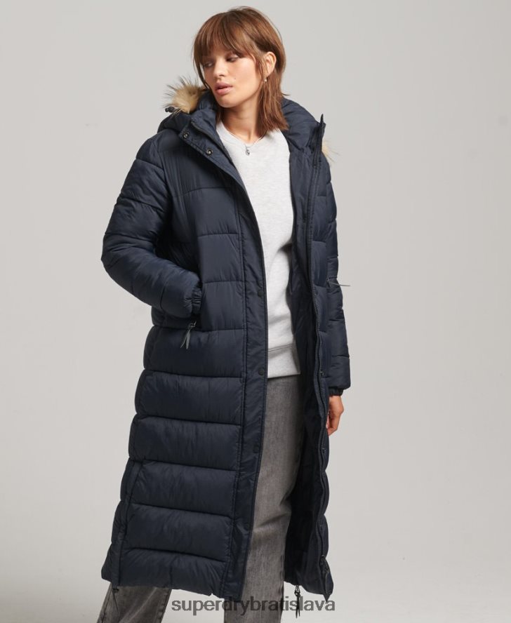 Superdry ženy dlhý kabát s kapucňou z umelej kožušiny 6B4ZTR3662 oblečenie námorníctvo