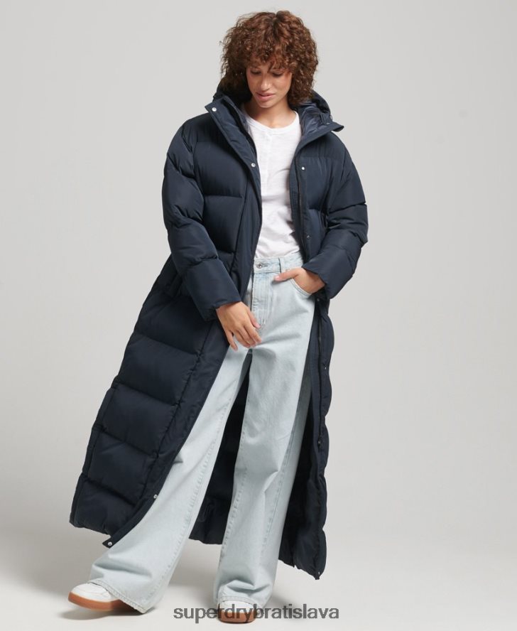 Superdry ženy maxi puffer kabát s kapucňou 6B4ZTR3594 oblečenie námorníctvo