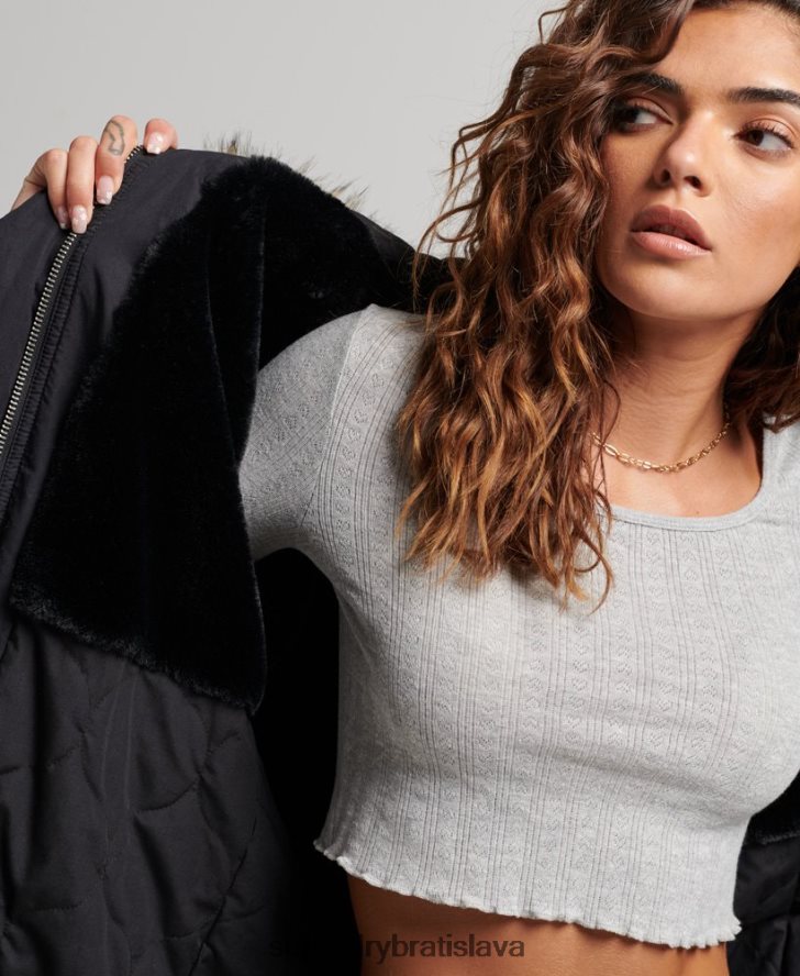 Superdry ženy umelá kožušina autentický vojenský kabát parka 6B4ZTR5731 oblečenie tmavošedý