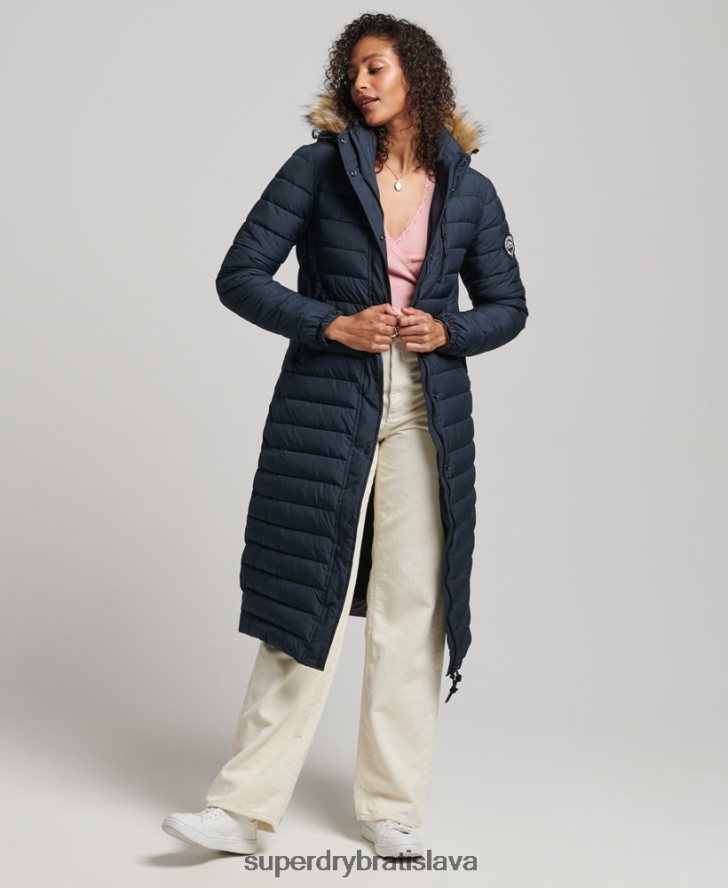 Superdry ženy umelá kožušina s kapucňou a ľahkým vypchatým puffer kabátom 6B4ZTR3622 oblečenie námorníctvo