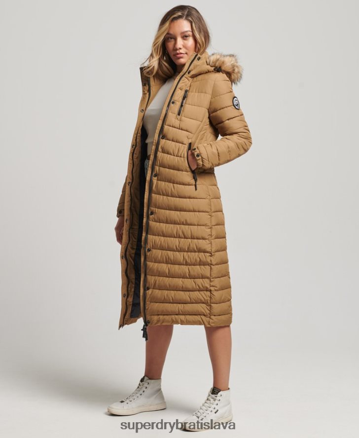 Superdry ženy umelá kožušina s kapucňou a ľahkým vypchatým puffer kabátom 6B4ZTR3701 oblečenie hnedá