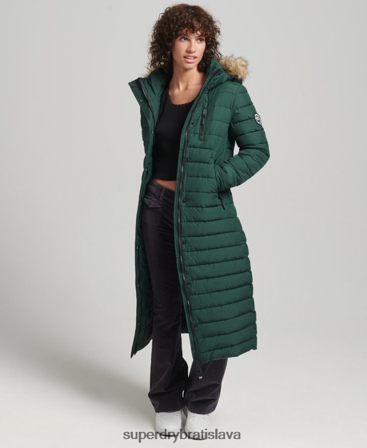 Superdry ženy umelá kožušina s kapucňou a ľahkým vypchatým puffer kabátom 6B4ZTR3702 oblečenie zelená