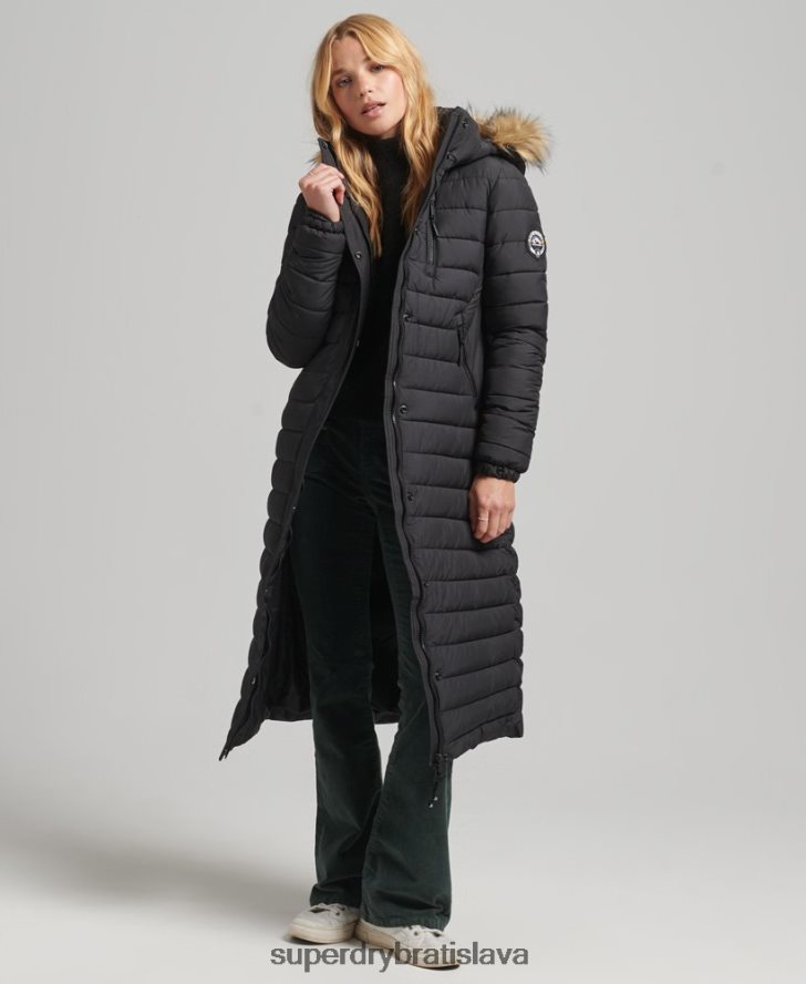 Superdry ženy umelá kožušina s kapucňou a ľahkým vypchatým puffer kabátom 6B4ZTR3716 oblečenie čierna