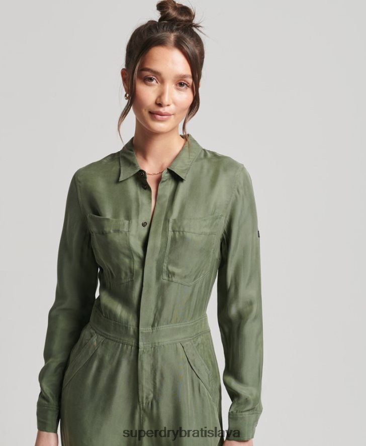 Superdry ženy cupro košeľový overal s dlhým rukávom 6B4ZTR4104 oblečenie zelená