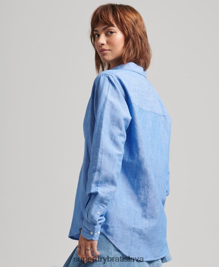 Superdry ženy ľanová priateľská košeľa 6B4ZTR6526 oblečenie Modrá