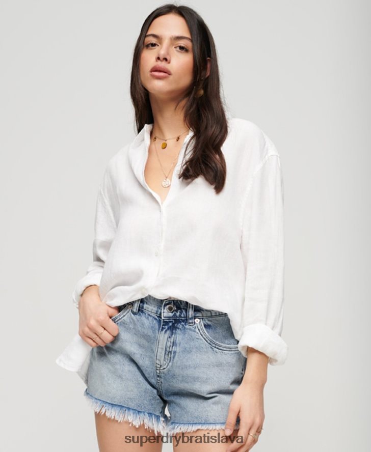 Superdry ženy ležérna ľanová priateľská košeľa 6B4ZTR1969 oblečenie biely