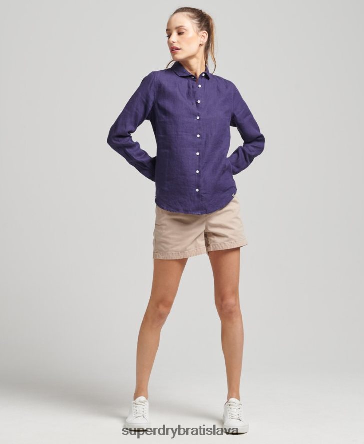 Superdry ženy štúdiová ľanová košeľa s dlhým rukávom 6B4ZTR6513 oblečenie námorníctvo