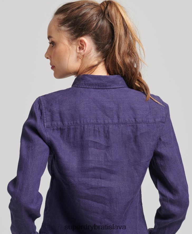 Superdry ženy štúdiová ľanová košeľa s dlhým rukávom 6B4ZTR6513 oblečenie námorníctvo